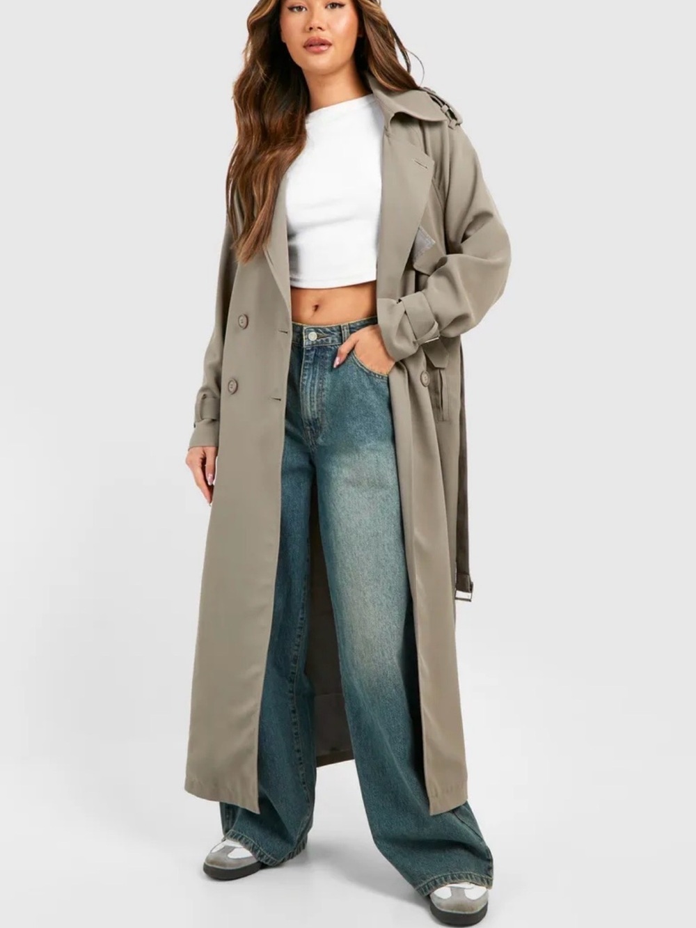 PLT - Women's Dark Oversized Taupe Trench Coat - Picture 4 of 8